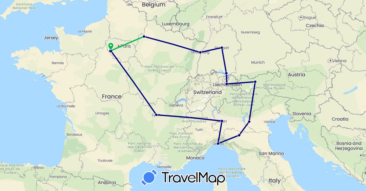 TravelMap itinerary: driving, bus in Austria, Germany, France, Italy, Liechtenstein (Europe)